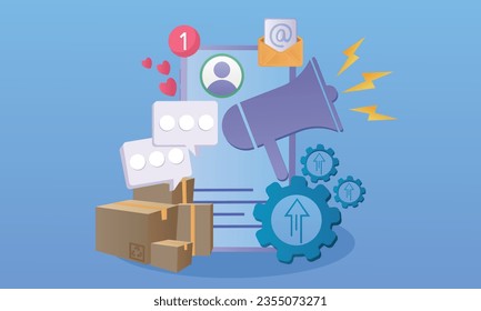 Crear una tienda de teléfonos con las ilustraciones de correo electrónico para el marketing por correo electrónico.sobre fondo azul.Ilustración de diseño de vectores.
