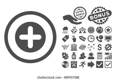 Create pictograph with bonus elements. Vector illustration style is flat iconic symbols, gray color, white background.