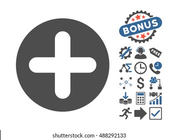 Create pictograph with bonus icon set. Vector illustration style is flat iconic bicolor symbols, cobalt and gray colors, white background.