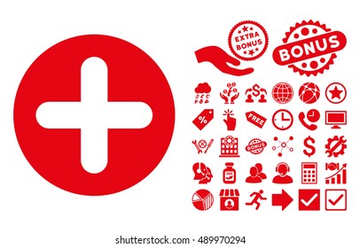 Create pictograph with bonus pictogram. Vector illustration style is flat iconic symbols, red color, white background.