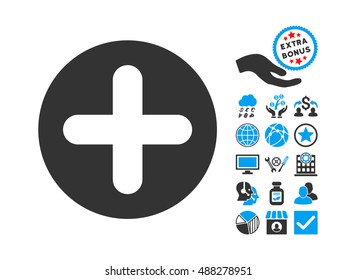 Create pictograph with bonus symbols. Vector illustration style is flat iconic bicolor symbols, blue and gray colors, white background.