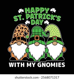 Create a playful and festive design featuring three cheerful gnomes with fluffy white beards and whimsical hats. The first gnome wears a leopard-print hat, the second wears a green plaid hat.