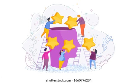 Create Positive Image. Brand building. Tiny people put stars in a huge head. High rating in the field of activity. Good reviews from customers, colleagues and employees. Flat vector illustration.