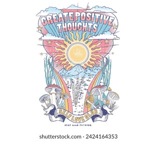 create positive thoughts. Mushroom with flower artwork for t shirt print, poster, sticker, background and other uses. Spring flower. Rainbow and mushroom graphic design. Self love club. 