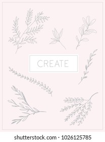 Create. Postcard with twigs of plants and trees vector.