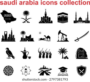 Create a premium black-and-white vector icon collection featuring 20 unique Saudi Arabia-themed icons arranged in a clean grid layout. Include iconic Saudi elements such as palm trees, crossed swords, traditional coffee pots (Dallah), camels, desert dunes, falcons, mosques, prayer beads, lanterns, dates, Arabian tents, Riyadh skyline, oil rigs, maps of Saudi Arabia, traditional doors, swords, crowns, cultural patterns, and heritage landmarks. Use bold silhouettes, clean outlines, and minimalist vector styling. Each icon should be distinct, balanced, and easily recognizable at any size. High-contrast monochrome artwork, scalable vector paths, ultra-sharp edges, white background, and professional screen-print-ready quality suitable for t-shirts, logos, stickers, branding, and merchandise.