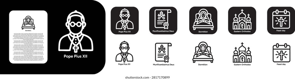 Create a premium ultra bold line icon set for Assumption of Mary like Pope Pius XII , Munificentissimus Deus , Dormition , Eastern Orthodox ,Feast day
