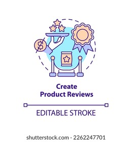 Erstellen Sie das Konzeptsymbol für Produktbewertungen. Öffentliche Präsentation. Beginnen Sie Affiliate-Programm abstrakte Idee dünne Linie Illustration. Einzeln Umrisszeichnung. Bearbeitbarer Strich. Arial, Myriad Pro Fett Schriftarten verwendet