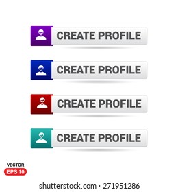 Create Profile Icon Button. Abstract beautiful text button with icon. Purple Button, Blue Button, Red Button, Green Button, Turquoise button. web design element. Call to action gray icon button