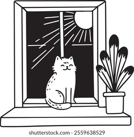 Create a realistic and detailed image of a cute cat sitting comfortably on a windowsill, bathed in soft sunlight. 