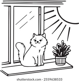 Create a realistic and detailed image of a cute cat sitting comfortably on a windowsill, bathed in soft sunlight. 