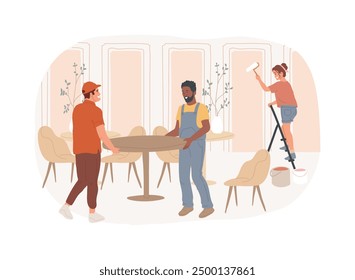 Concepto de restaurante Create Ilustraciones vectoriales de dibujos animados aislados. Diversas personas pintando paredes y colocando muebles en nuevos restaurantes, negocios horeca, dibujos animados de Vector de diseño de interiores de cafetería.