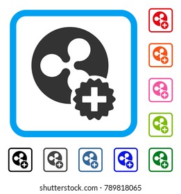 Create Ripple Coin icon. Flat gray iconic symbol inside a blue rounded rectangular frame. Black, gray, green, blue, red, orange color versions of Create Ripple Coin vector.