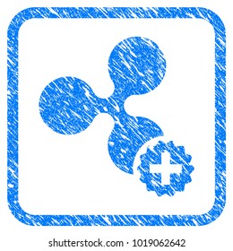 Create Ripple rubber seal stamp imitation. Icon vector symbol with grunge design and dirty texture in rounded square frame. Scratched blue sticker on a white background.