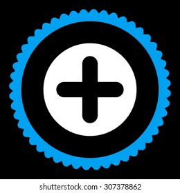 Create round stamp icon. This flat vector symbol is drawn with blue and white colors on a black background.