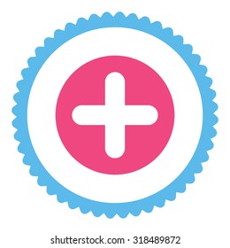 Create round stamp icon. This flat vector symbol is drawn with pink and blue colors on a white background.