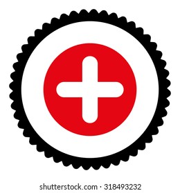 Create round stamp icon. This flat vector symbol is drawn with intensive red and black colors on a white background.