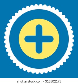 Create round stamp icon. This flat vector symbol is drawn with yellow and white colors on a blue background.