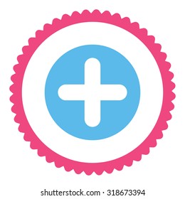 Create round stamp icon. This flat vector symbol is drawn with pink and blue colors on a white background.
