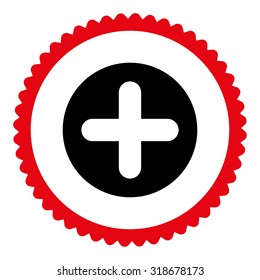 Create round stamp icon. This flat vector symbol is drawn with intensive red and black colors on a white background.