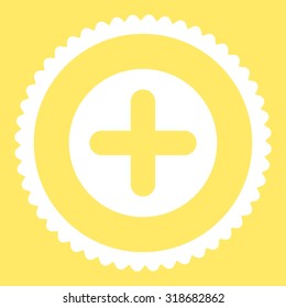 Create round stamp icon. This flat vector symbol is drawn with white color on a yellow background.