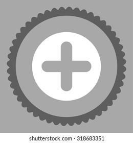 Create round stamp icon. This flat vector symbol is drawn with dark gray and white colors on a silver background.