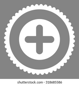 Create round stamp icon. This flat vector symbol is drawn with white color on a gray background.