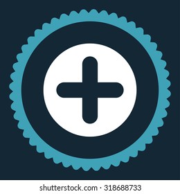 Create round stamp icon. This flat vector symbol is drawn with blue and white colors on a dark blue background.