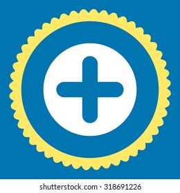 Create round stamp icon. This flat vector symbol is drawn with yellow and white colors on a blue background.