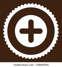 Create round stamp icon. This flat vector symbol is drawn with white color on a brown background.