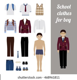 Create School Boy Kit With Full Body Boy And Different Uniforms Flat Vector Illustration. Set Of Male School Dress Code Clothes.