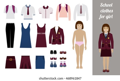 Create School Girl Kit With Full Body Girl And Different Uniforms Flat Vector Illustration. Set Of Female School Dress Code Clothes.