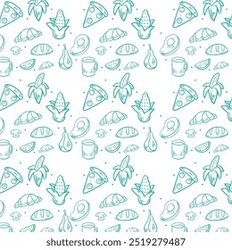 "Create a seamless food pattern featuring various items like fruits, vegetables, and snacks, arranged in a balanced, repetitive layout for a playful and appetizing design."