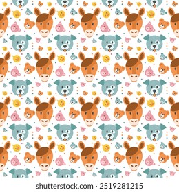 "Create a seamless pattern featuring a diverse array of animals in various playful poses, blending wildlife and pets into a harmonious, repeating design full of charm and character."