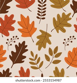 Create a seamless pattern inspired by autumn leaves, featuring a variety of leaf shapes like oak and fern in warm tones of orange, mustard yellow, and deep brown in vector