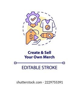 Create and sell merch concept icon. Online streamer. Making money with live streaming abstract idea thin line illustration. Isolated outline drawing. Editable stroke. Arial, Myriad Pro-Bold fonts used
