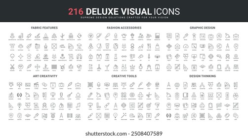 Create and share design ideas and authors vision, designers tool, fabric feature line icon set. Art thinking, creative graphics and fashion accessory thin black outline symbols vector illustration