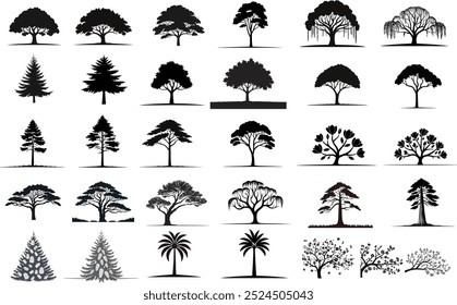 Create siluetas de 15 tipos de árboles diferentes, incluyendo roble, pino, sauce, arce, abedul, ciprés, flor de cerezo, palma, cedro, abeto, acebo, eucalipto, abeto, secuoya y magnolia. Cada