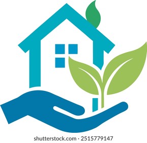 create a simple and minimalist facility care logo that has an extended hand and a house inside it with a leaf that represents as a healthcare element