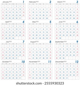 Create a simple vector illustration of a 2025 calendar. The design should feature a clean and minimalist style with all 12 months displayed in a grid format. 