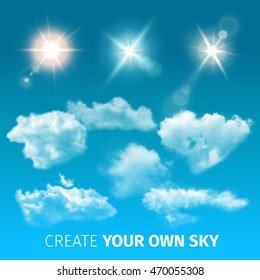 Create sky realistic clouds icon set with isolated and colored clouds and sun rays vector illustration