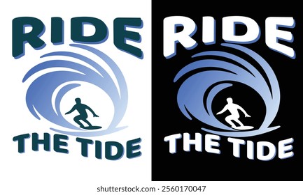 Create a sleek minimalist logo with a surfer riding a wave and "Ride the Tide" in bold, classic font. Incorporate vibrant blues, greens, and whites for a dynamic look.