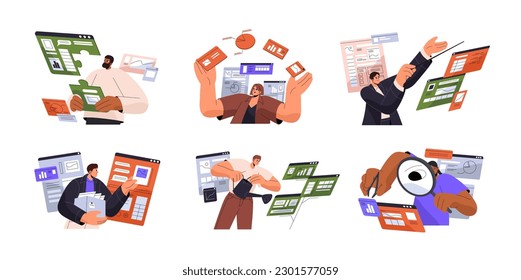 Create social media content, information for websites. Online internet marketing concept. Digital strategy, communication, advertising, analysis. Flat vector illustration isolated on white background