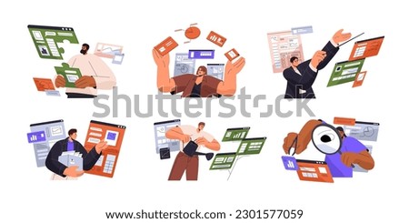 Create social media content, information for websites. Online internet marketing concept. Digital strategy, communication, advertising, analysis. Flat vector illustration isolated on white background