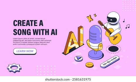 Create song with AI poster. Bot with guitar near microphone and smartphone. Music, melodies and songs. Creativity and art. Machine learning and artificial intelligence. Isometric vector illustration