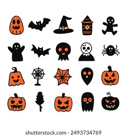 Create a spooky atmosphere with our "Silhouette Halloween Hand Drawn Vector Icon Set." This collection of hand-drawn Halloween icons includes ghosts, pumpkins, bats, witches, and more.