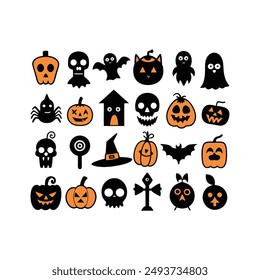 Create a spooky atmosphere with our "Silhouette Halloween Hand Drawn Vector Icon Set." This collection of hand-drawn Halloween icons includes ghosts, pumpkins, bats, witches, and more.