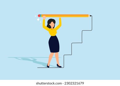 Create stair to success, growth or growing career path, planning for self improvement or leadership motivation, self made success concept, confidence businesswoman draw stair to climb up for success.