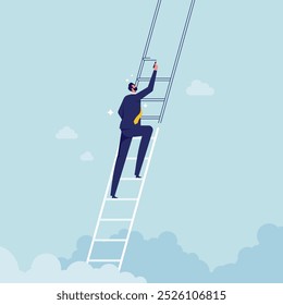 Criar escada para o sucesso, crescimento ou crescente carreira, planejamento para automelhoria ou motivação de liderança, empresário usar lápis para desenhar escada para subir para o sucesso