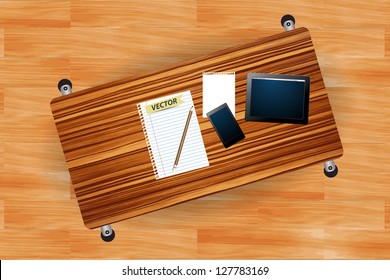 Create a Students Desk in Top View, With Paper, Pencil, Phone, tablet, and table wood textures